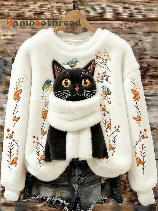 Women’s Cute Cat Cozy Flannel Sweatshirt White / S