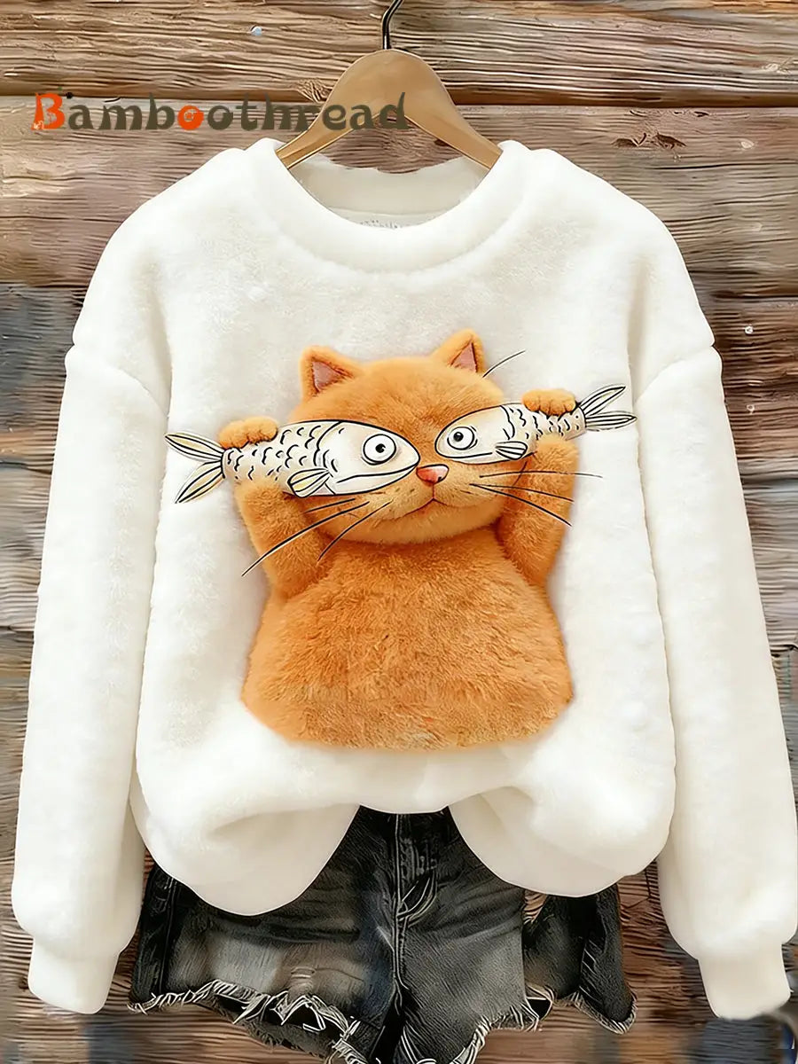 Women’s Cute Cat Cozy Flannel Sweatshirt White / S