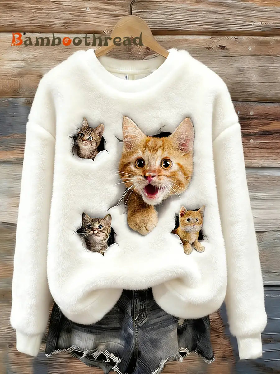 Women’s Cute Cat Cozy Flannel Sweatshirt White / S