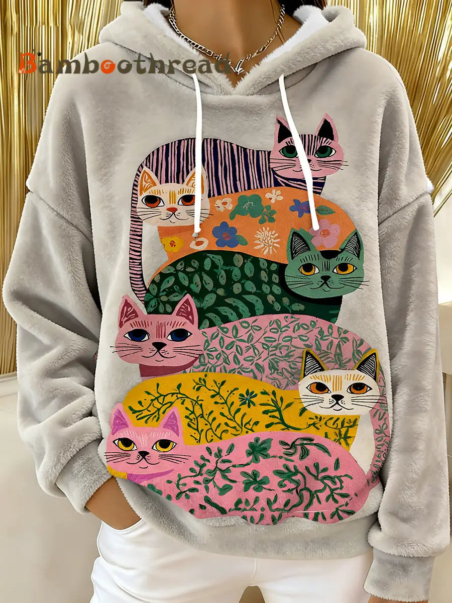 Women’s Cute Cat Flannel Hoodie As picture / S