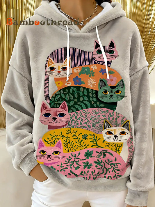 Women’s Cute Cat Flannel Hoodie As picture / S