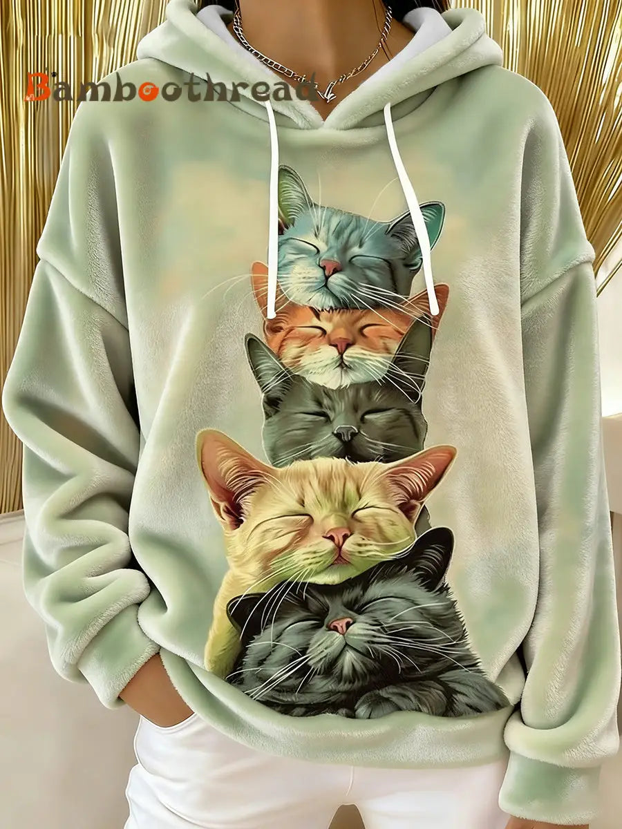 Women’s Cute Cat Flannel Hoodie As picture / S