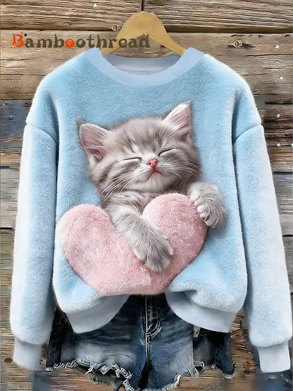 Women’s Cute Cat Flannel Hoodie Light Blue / S
