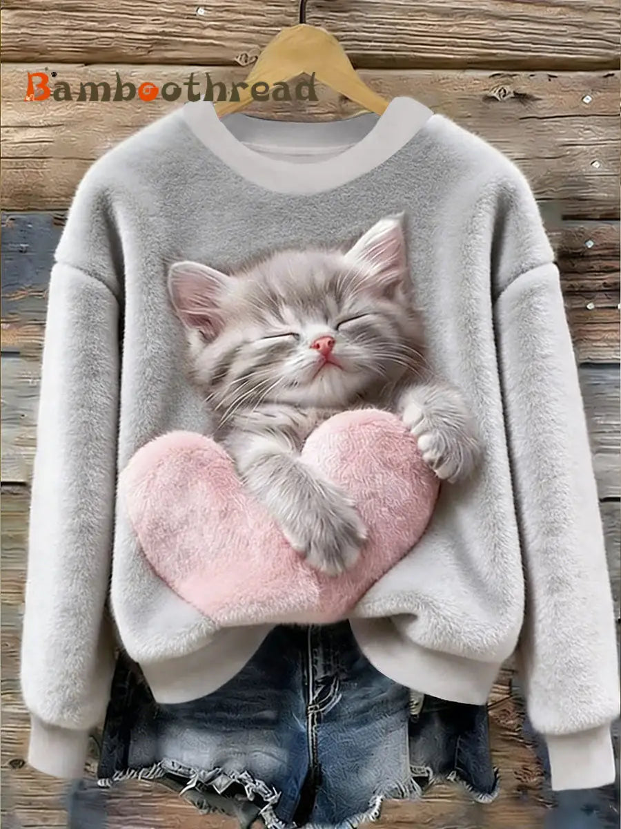 Women’s Cute Cat Flannel Hoodie Light Gray / S