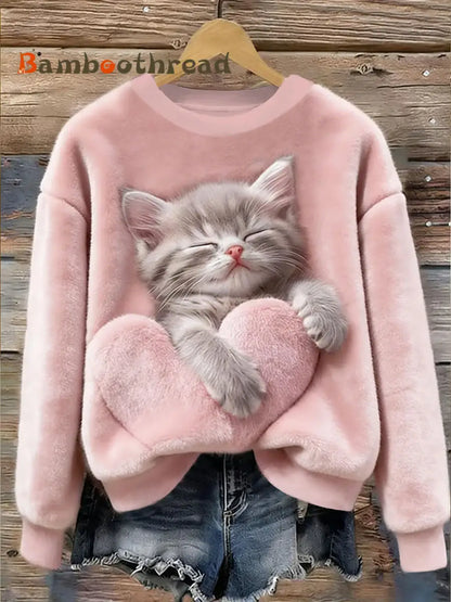 Women’s Cute Cat Flannel Hoodie Pink / S