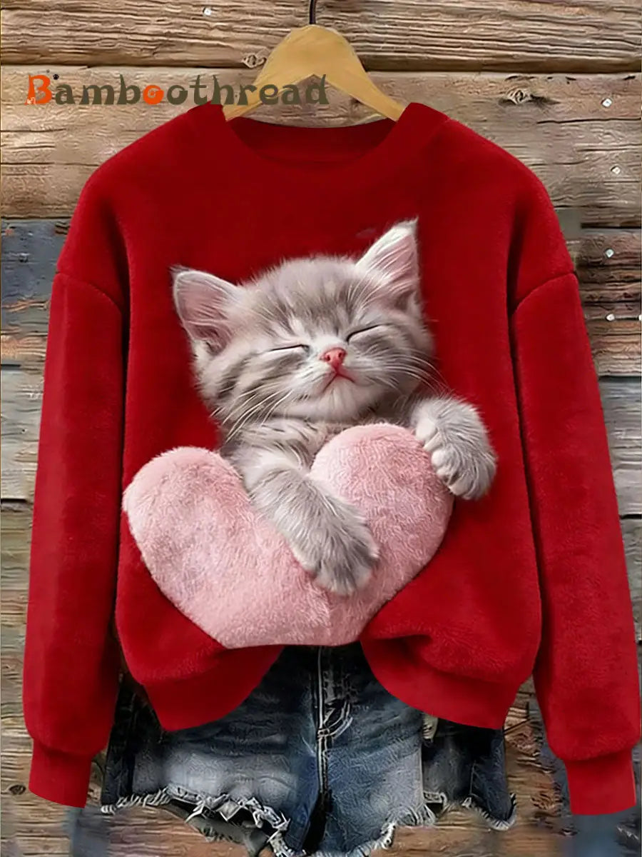 Women’s Cute Cat Flannel Hoodie Red / S