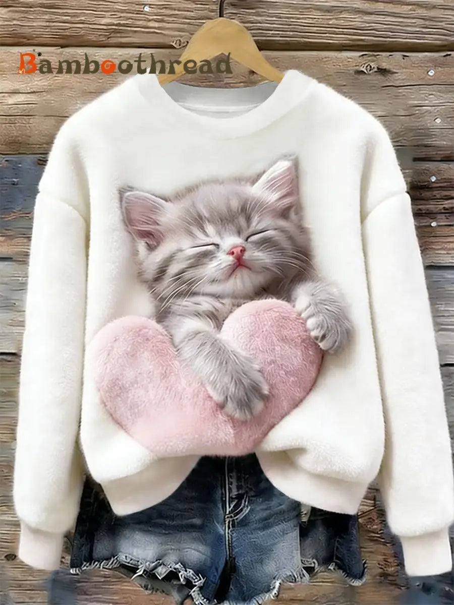 Women’s Cute Cat Flannel Hoodie White / S