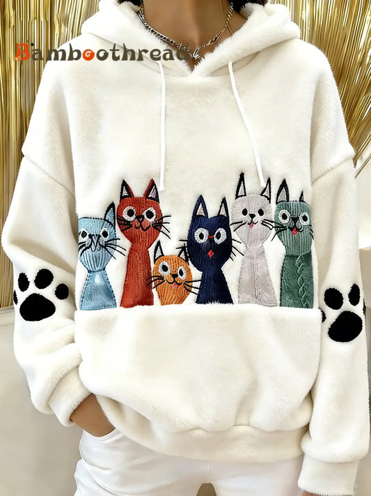 Women’s Cute Cat Flannel Hoodie White / S