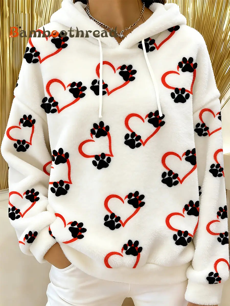 Women’s Cute Cat Heart And Paws Flannel Hoodie Creamy-White / S