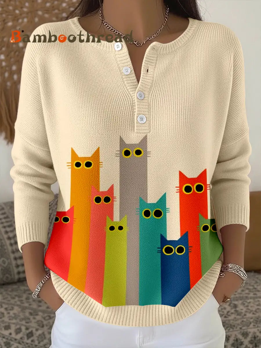 Women’s Cute Cat Pattern Cozy Knit Top As picture / S