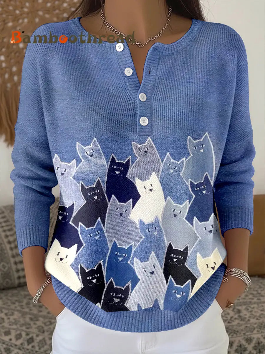 Women’s Cute Cat Pattern Cozy Knit Top Blue / S