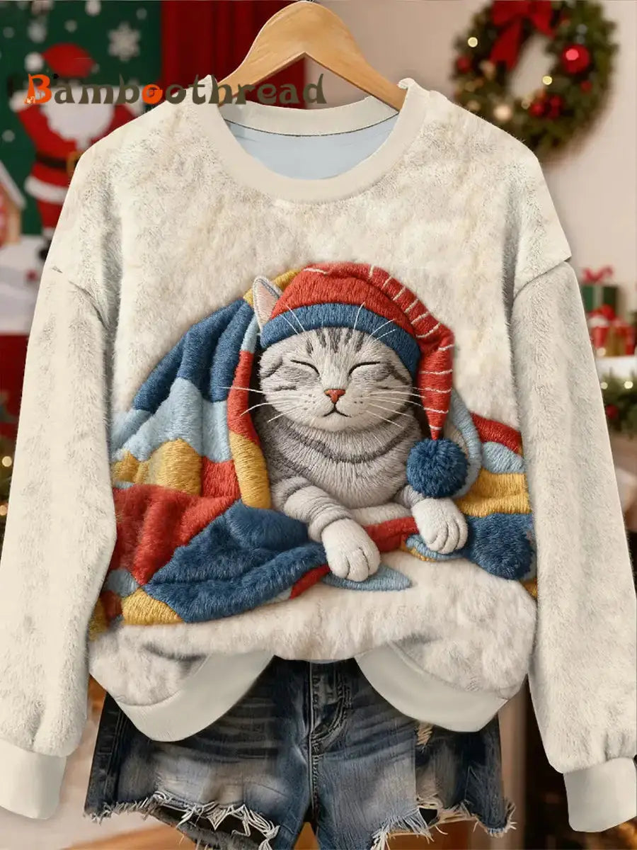 Women’s Cute Cat Pattern Flannel Hoodie As picture / S