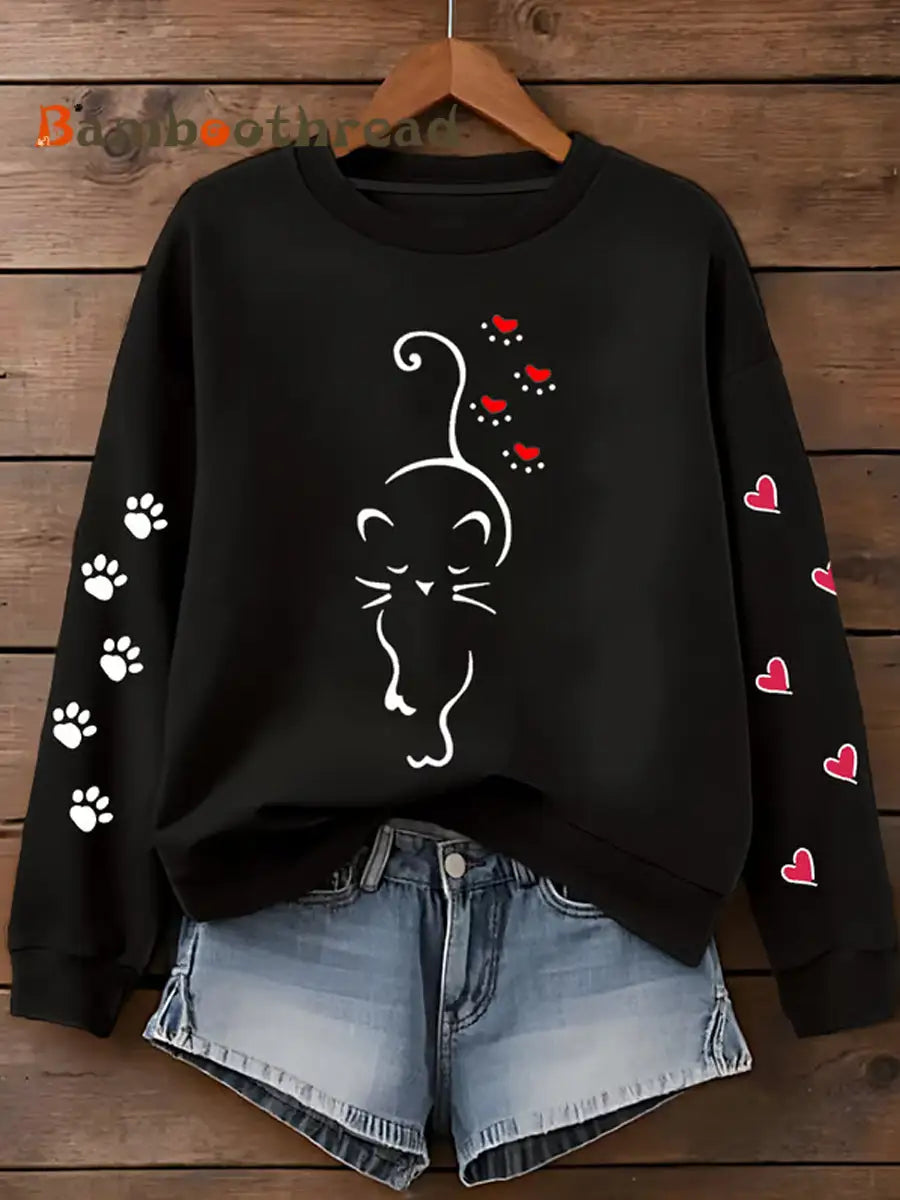 Women’s Cute Cat Paw Hearts Print Cat Lovers Casual Sweatshirt Black / S