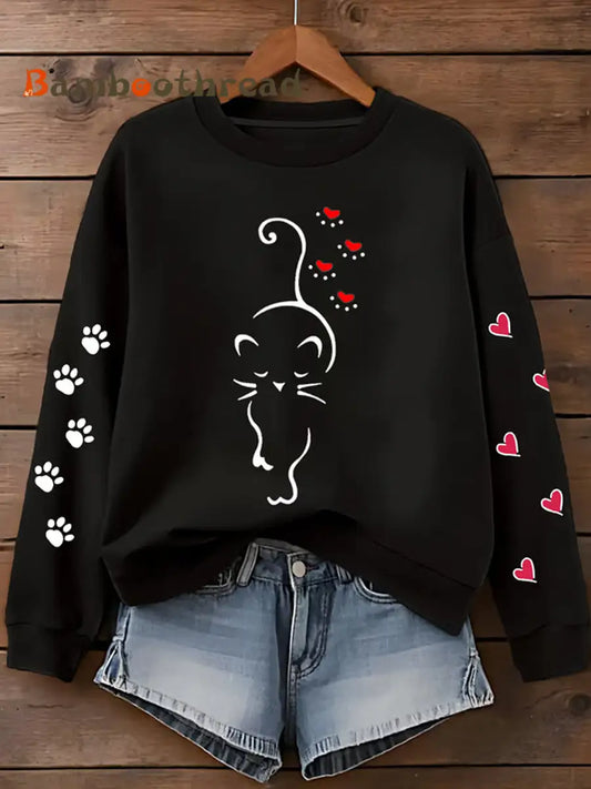 Women’s Cute Cat Paw Hearts Print Cat Lovers Casual Sweatshirt Black / S