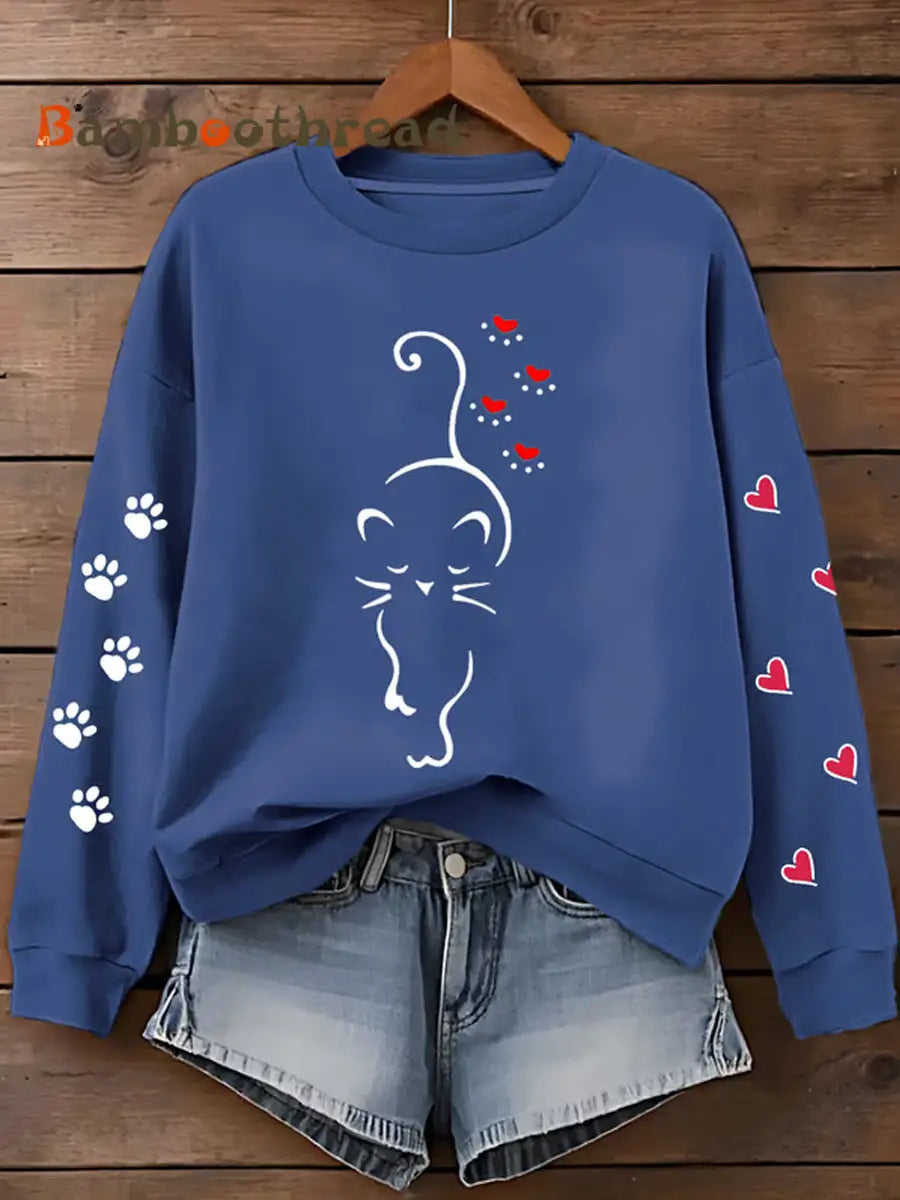 Women’s Cute Cat Paw Hearts Print Cat Lovers Casual Sweatshirt Blue / S