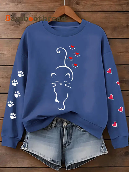 Women’s Cute Cat Paw Hearts Print Cat Lovers Casual Sweatshirt Blue / S