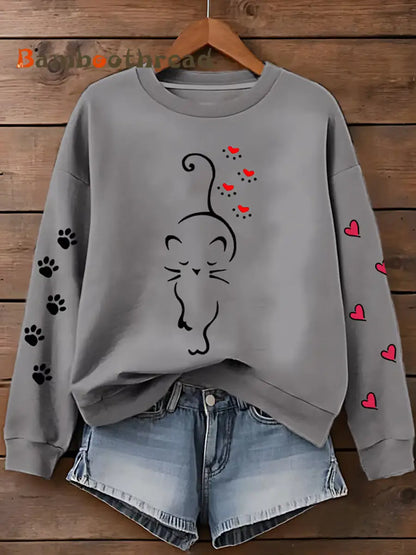 Women’s Cute Cat Paw Hearts Print Cat Lovers Casual Sweatshirt Light Gray / S