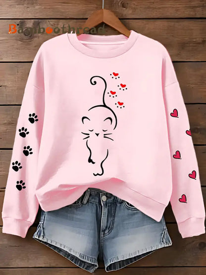 Women’s Cute Cat Paw Hearts Print Cat Lovers Casual Sweatshirt Pink / S