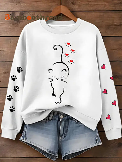 Women’s Cute Cat Paw Hearts Print Cat Lovers Casual Sweatshirt White / S