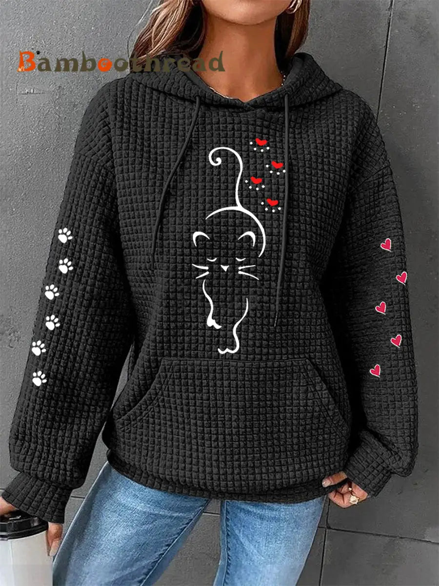 Women’s Cute Cat Paw Hearts Print Cat Lovers Casual Waffle Hoodie Black / S