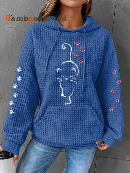 Women’s Cute Cat Paw Hearts Print Cat Lovers Casual Waffle Hoodie Blue / S