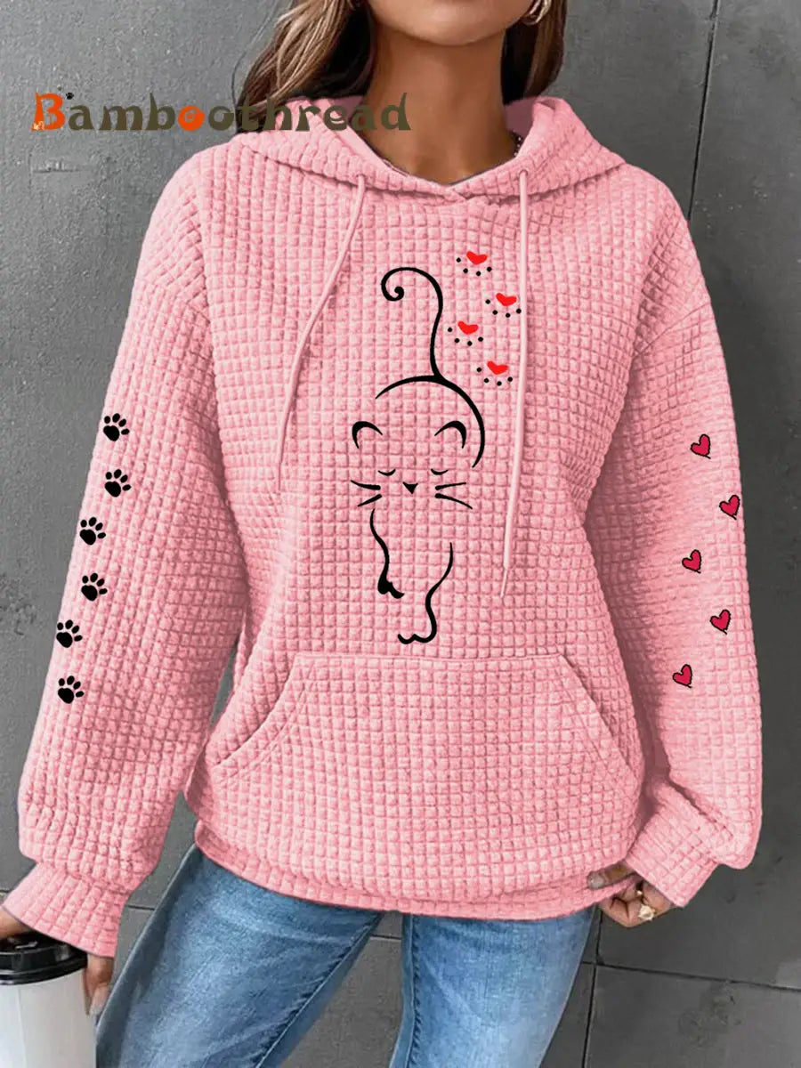 Women’s Cute Cat Paw Hearts Print Cat Lovers Casual Waffle Hoodie Pink / S