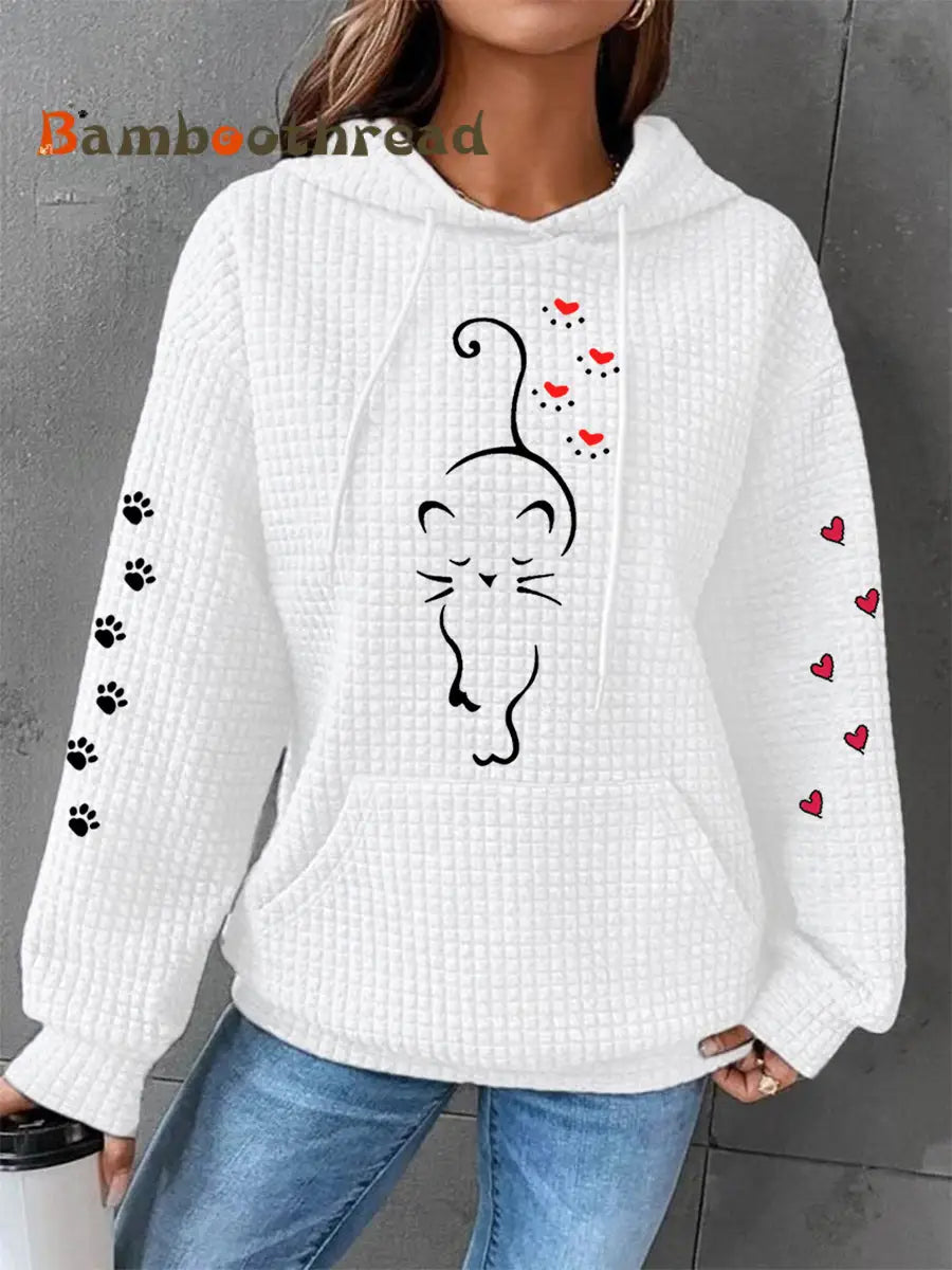 Women’s Cute Cat Paw Hearts Print Cat Lovers Casual Waffle Hoodie White / S
