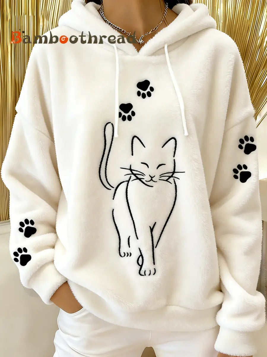 Women’s Cute Cat Paws Flannel Hoodie White / S