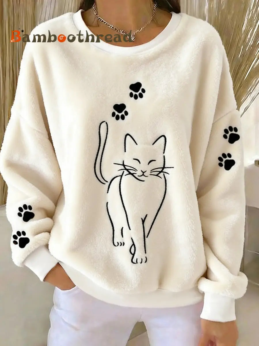 Women’s Cute Cat Paws Flannel Sweatshirt Creamy-White / S