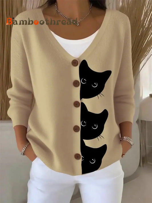 Women’s Cute Cat Print Casual Cardigan Khaki / S