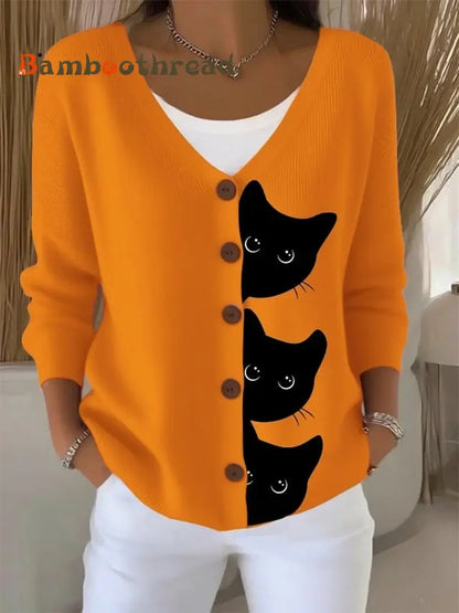 Women’s Cute Cat Print Casual Cardigan Orange / S