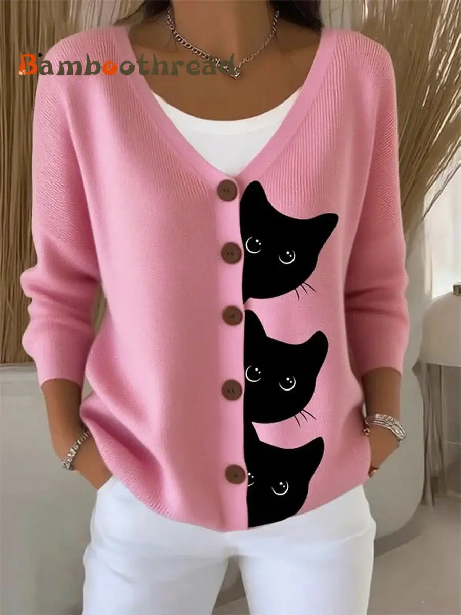 Women’s Cute Cat Print Casual Cardigan Pink / S