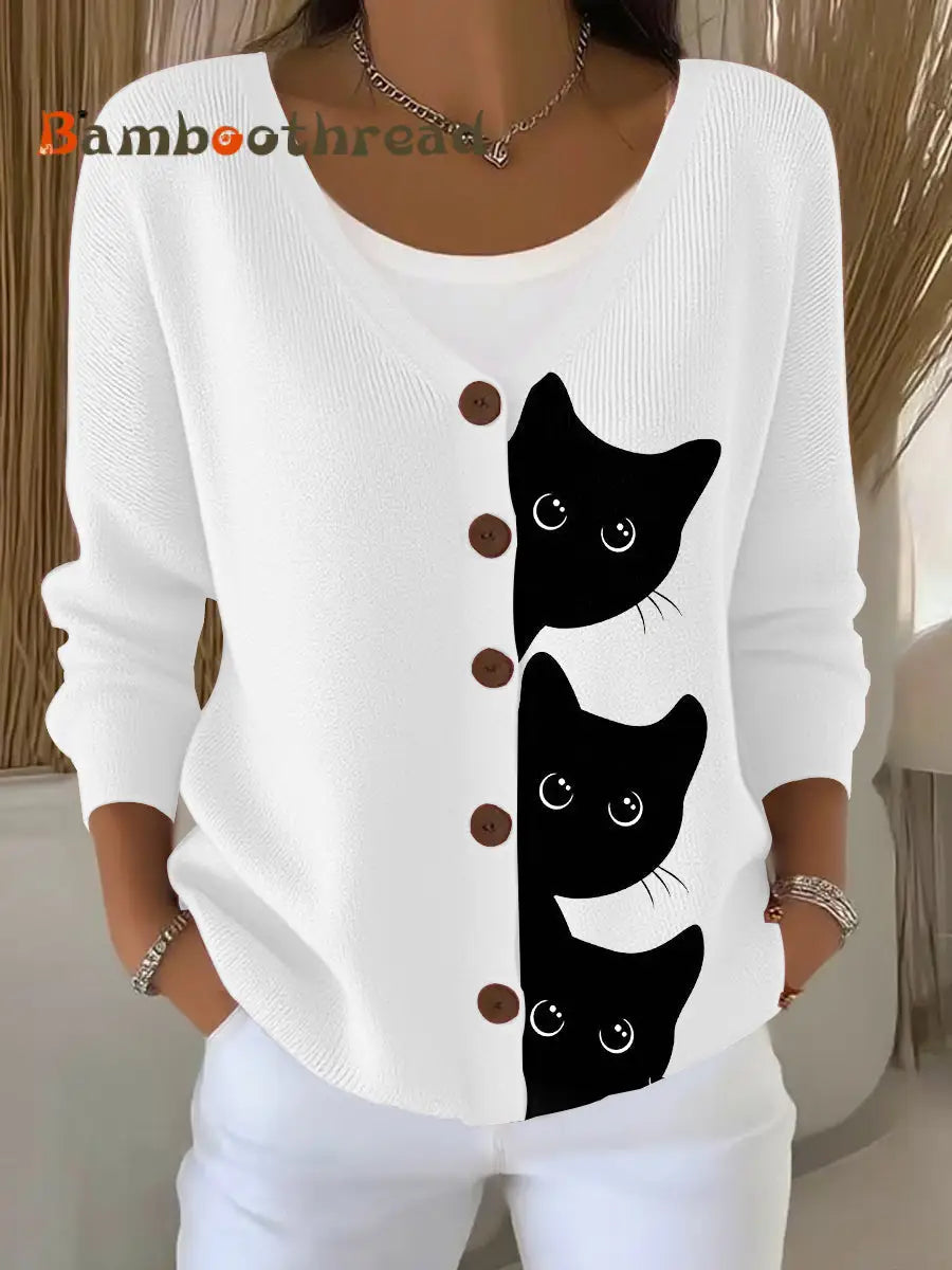 Women’s Cute Cat Print Casual Cardigan White / S