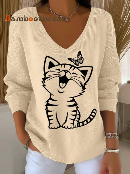 Women’s Cute Cat Print Casual Long-Sleeve Top Apricot / S