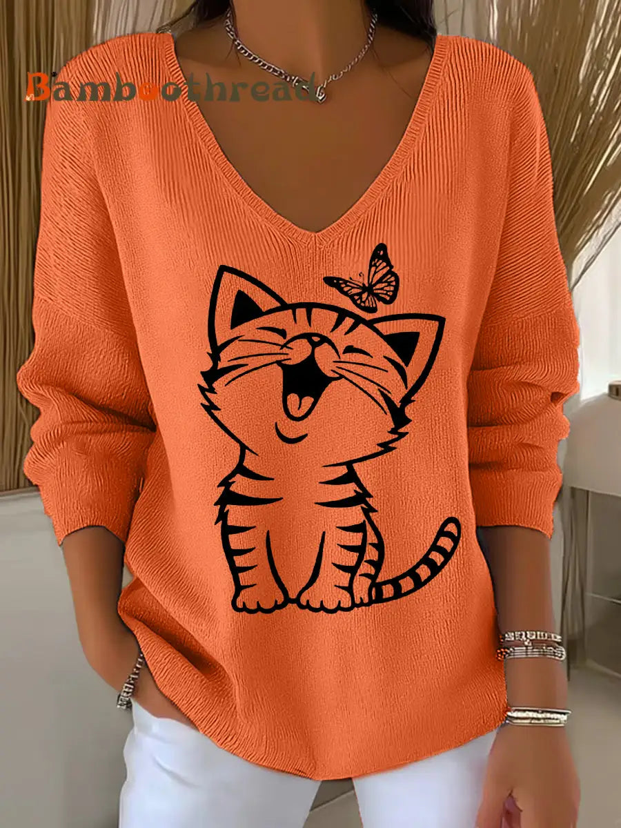 Women’s Cute Cat Print Casual Long-Sleeve Top Orange / S