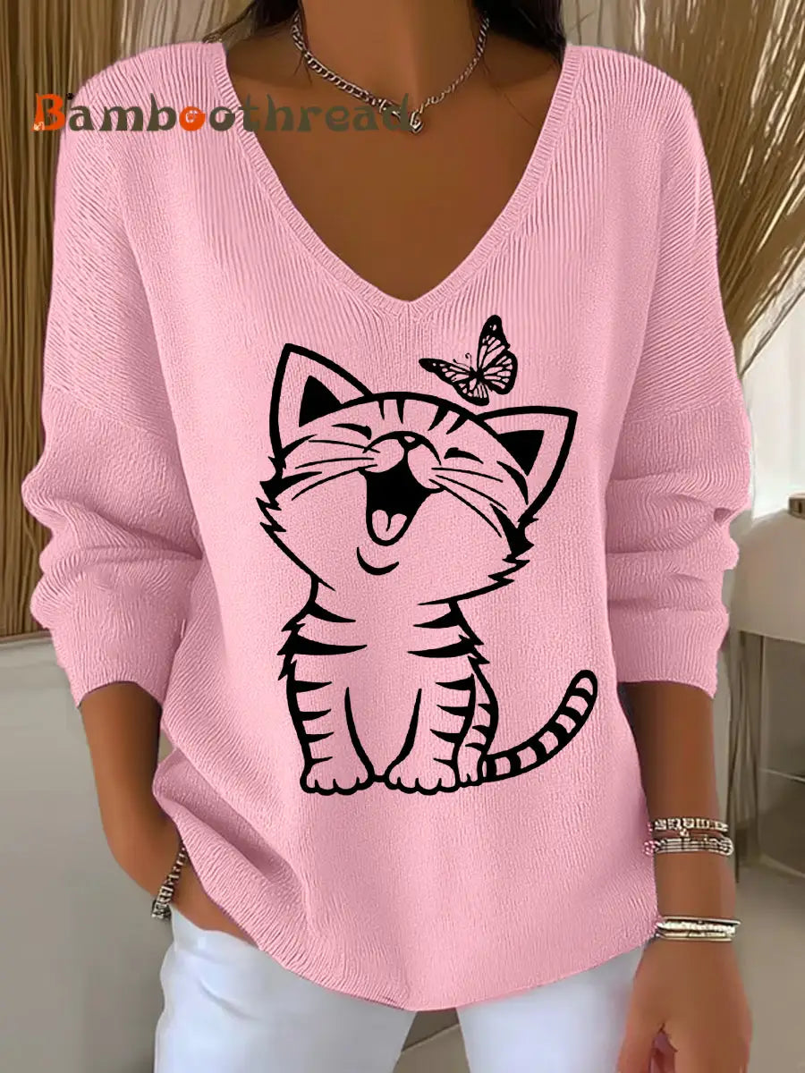 Women’s Cute Cat Print Casual Long-Sleeve Top Pink / S