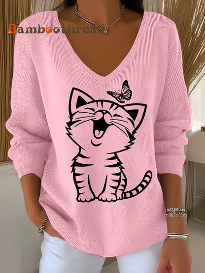 Women’s Cute Cat Print Casual Long-Sleeve Top Pink / S