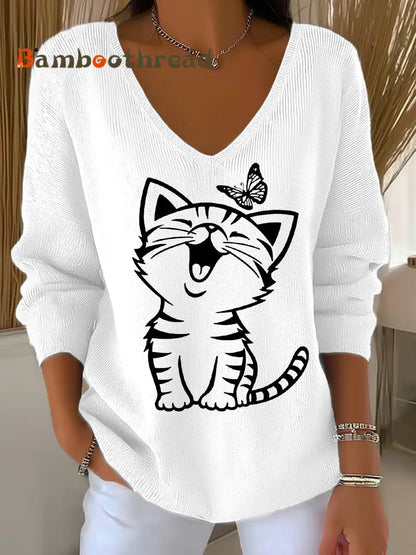 Women’s Cute Cat Print Casual Long-Sleeve Top White / S