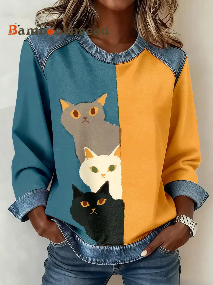 Women’s Cute Cat Print Denim Patchwork Sweatshirt As picture / S