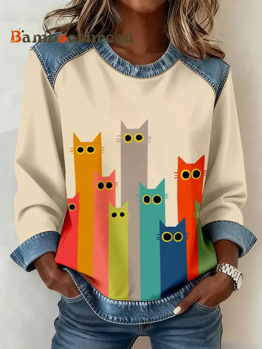 Women’s Cute Cat Print Denim Patchwork Sweatshirt As picture / S