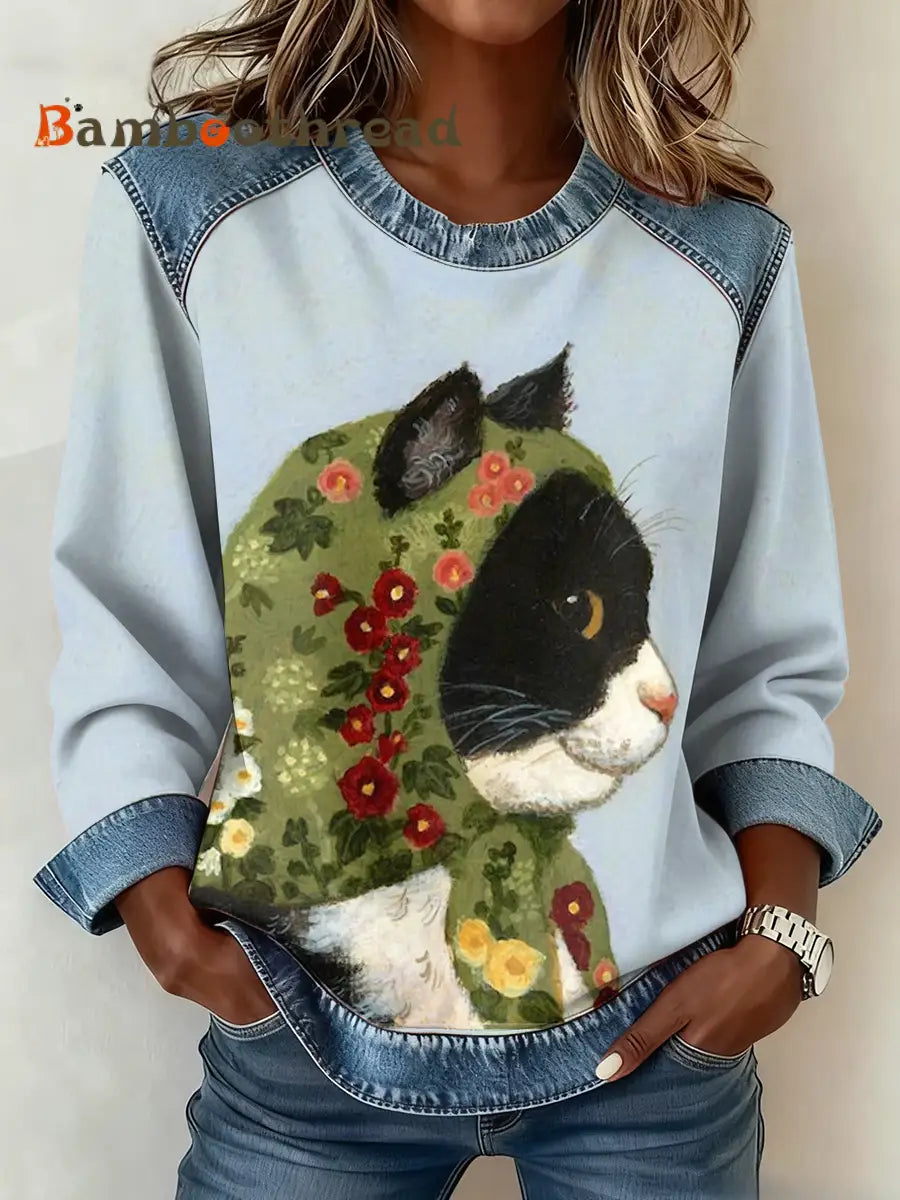 Women’s Cute cat print Denim Patchwork Top As picture / S