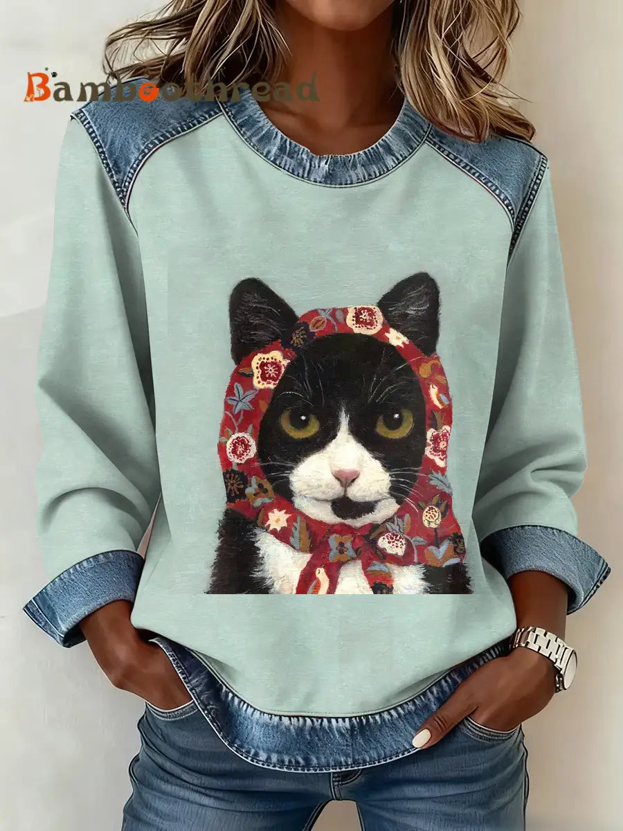 Women’s Cute cat print Denim Patchwork Top As picture / S