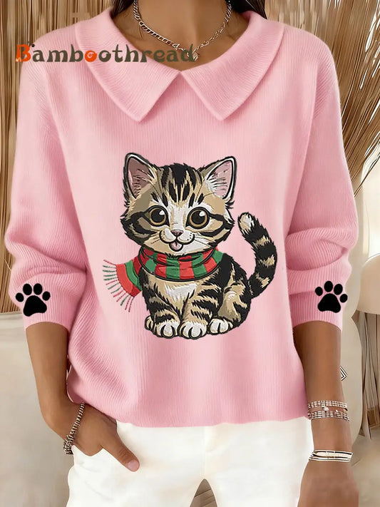 Women’s Cute Cat Print Cat Lovers Casual Baby Doll Collar Top Pink / S