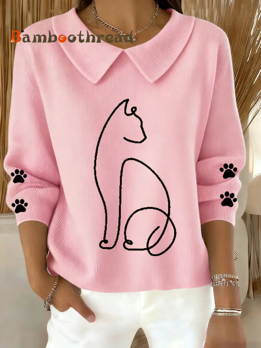 Women’s Cute Cat Print Cat Lovers Casual Baby Doll Collar Top Pink / S