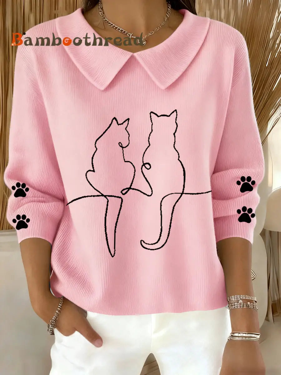 Women’s Cute Cat Print Cat Lovers Casual Baby Doll Collar Top Pink / S