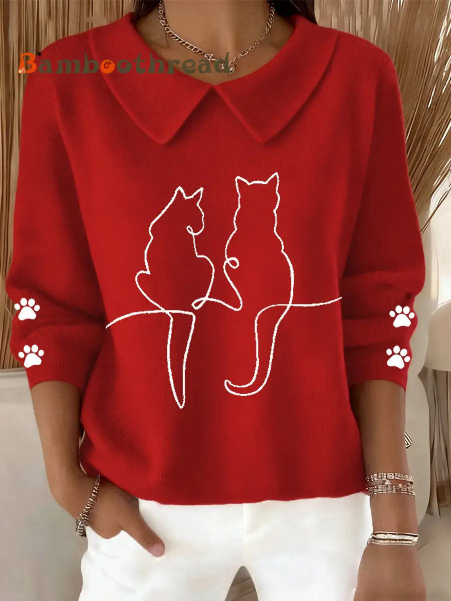 Women’s Cute Cat Print Cat Lovers Casual Baby Doll Collar Top Red / S