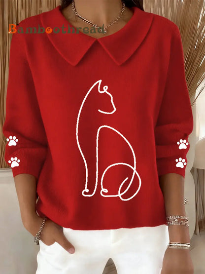Women’s Cute Cat Print Cat Lovers Casual Baby Doll Collar Top Red / S