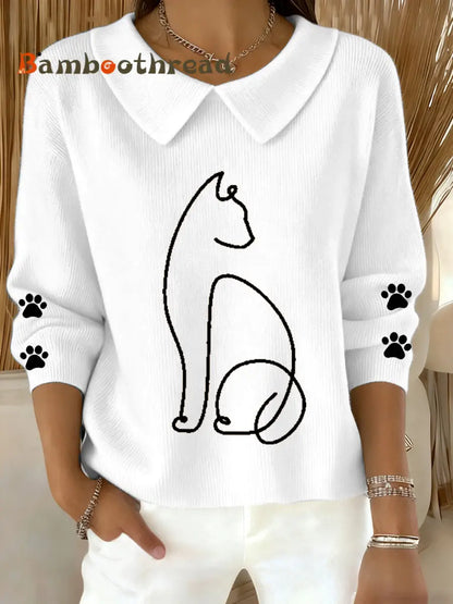 Women’s Cute Cat Print Cat Lovers Casual Baby Doll Collar Top White / S