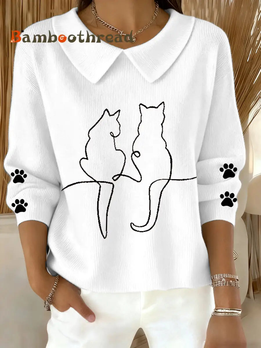 Women’s Cute Cat Print Cat Lovers Casual Baby Doll Collar Top White / S