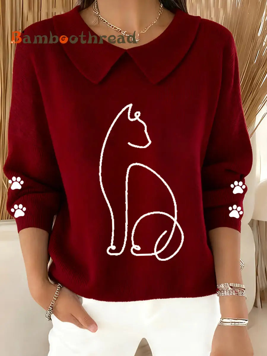 Women’s Cute Cat Print Cat Lovers Casual Baby Doll Collar Top Wine Red / S